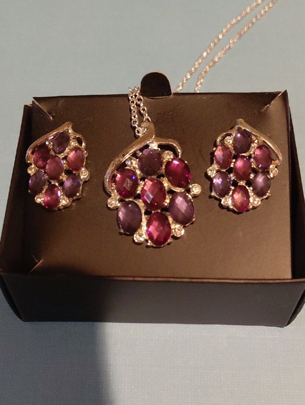 Silver Tone Purple Gemstone Pendant and Earring Set